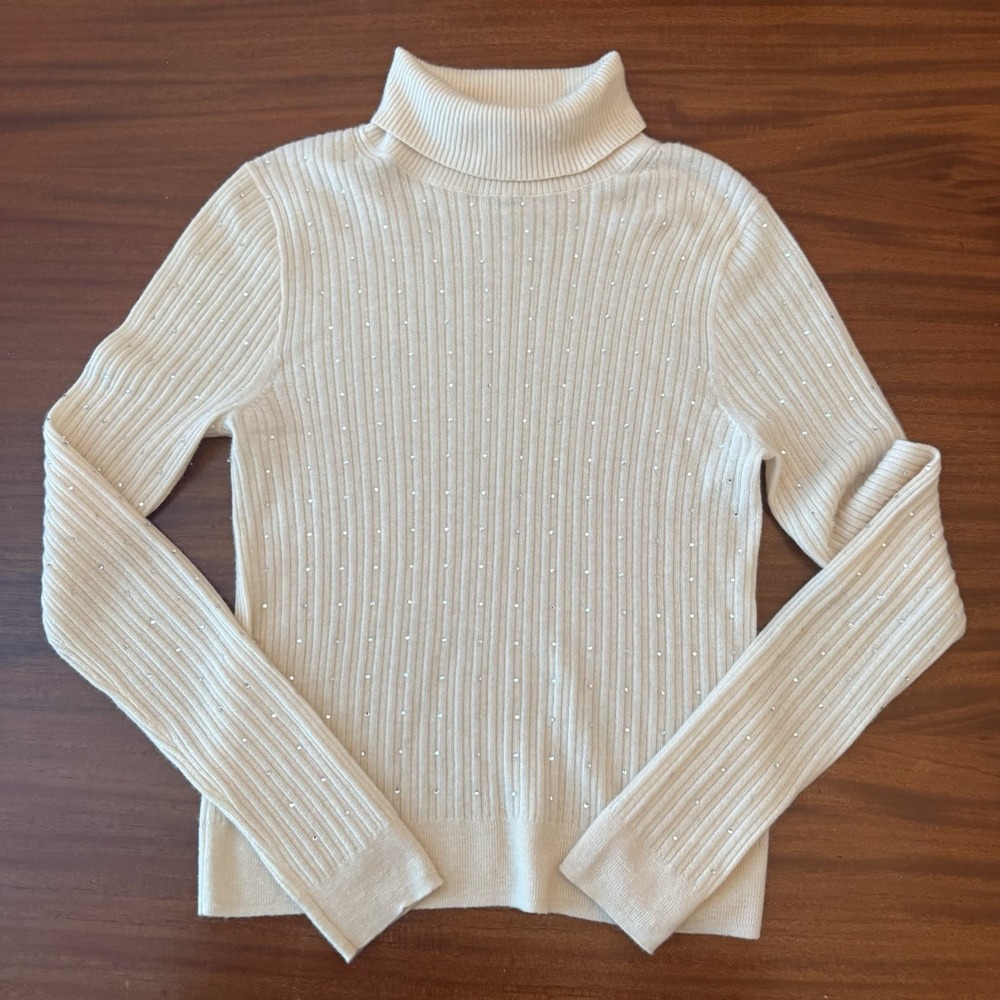 J.Crew Cashmere Turtleneck Sweater M 100% Cashmere Cream Rhinestone Ribbed F/W - Picture 6 of 8